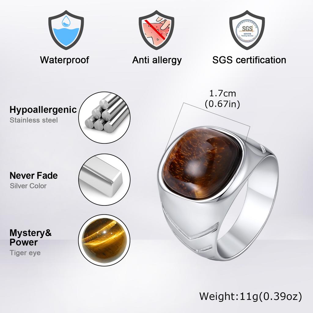 Tiger Eye Stone Ring for Men Boys,Stainless Steel Natural Stone Square Ring,Casual Punk Jewelry Gift for Dad Son