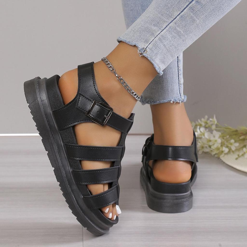 Flat-bottomed Roman Muffin Sandals Women's New Large-size Sandals Women's Summer One-word Woven Straps Retro Sandals Women