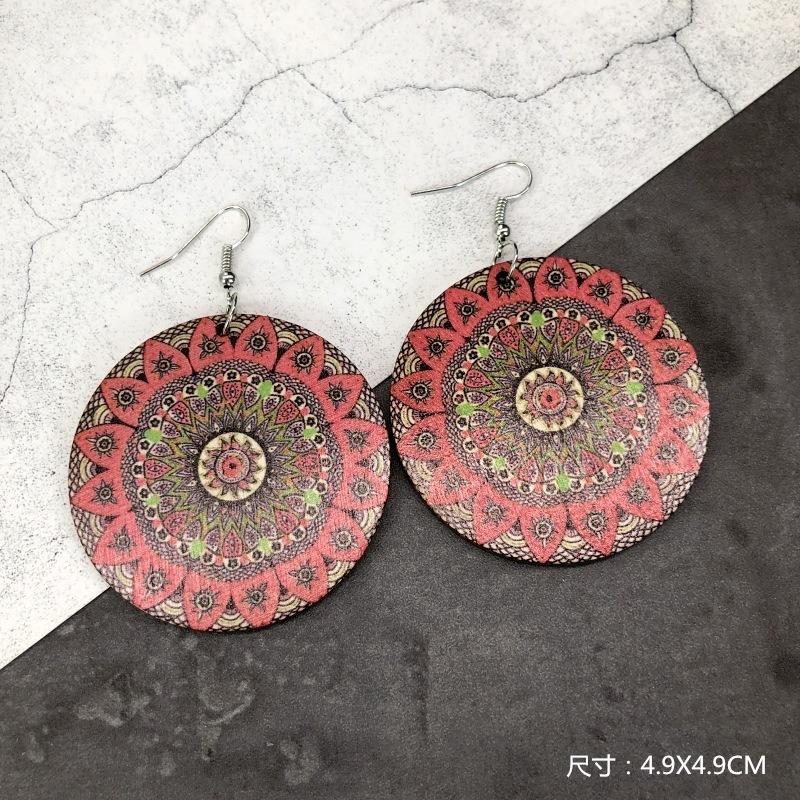 Bohemian Wood Earrings Women's Personality Exaggerated Print Flower Stud Earrings Vacation Versatile Temperament Earrings
