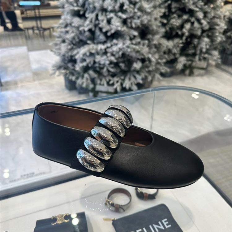 Leather Round Head Metal One-word Buckle Flat-soled Single Shoes Women's Spring Mary Jane Ballet Shoes Round Head Shallow Mouth Grandma Shoes