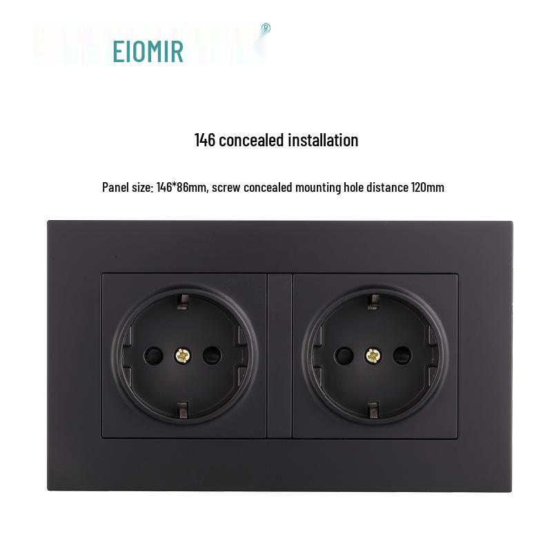 Black 16A German Standard Socket Panel with Double USB + Type C, Concealed European Installation