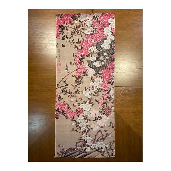 Ukiyo-e Tenugui Towel - "Roses and Small Birds" by Ito Jakuchu - 100% Cotton, Premium Tokka Fabric, Reactive Dye, Nassen Print