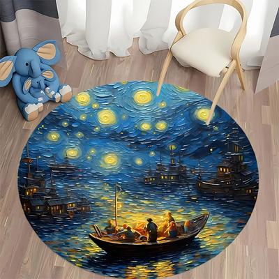 Starry Night Boat Ride Artistic Round Carpet for Living Room Round Carpet for Home Sofa Bedroom, Gift