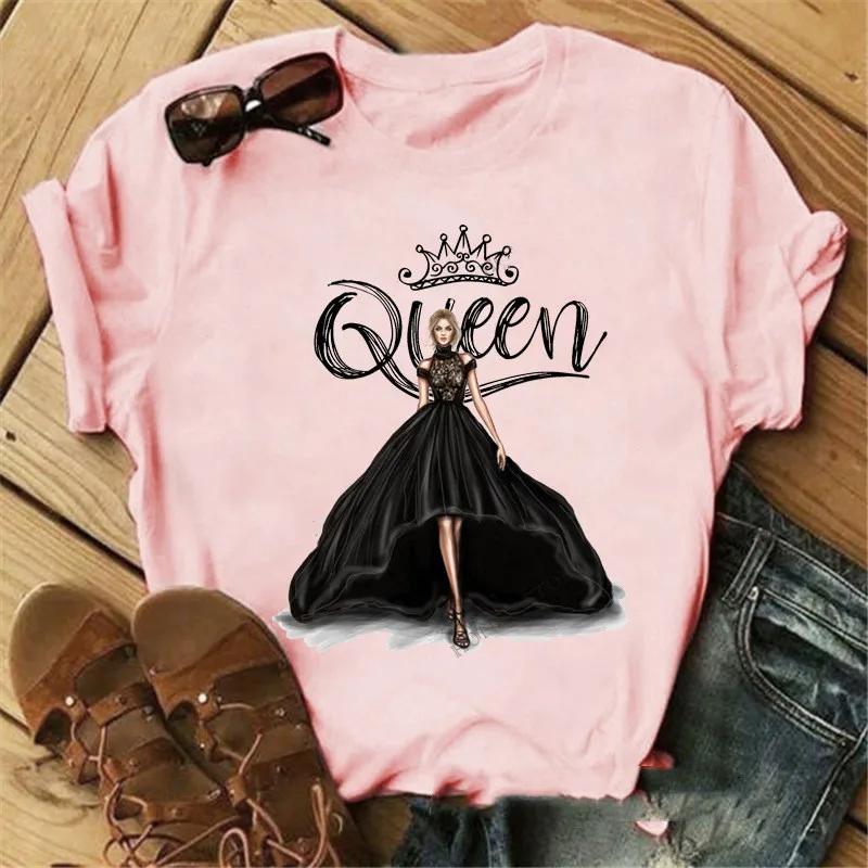 Pink Crown Queen Print Women T Shirt Short Sleeve O Neck Loose Women Tshirt Ladies Tee Shirt Tops Clothes Camisetas Mujer