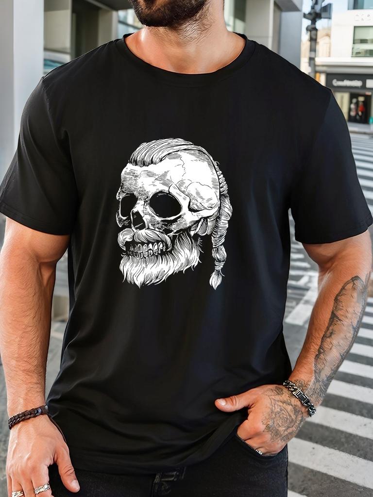 Unisex Black Crew Neck Tee Viking Beard Braid Skull Sketch Retro Gothic Graphic Soft Cotton Casual Male Short Sleeve Tops