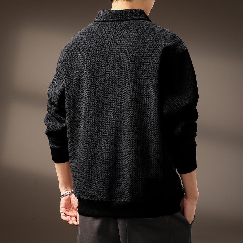 Men's High-End Half-Zip Corduroy Plush Hoodie: European Cotton, Ribbed Long Sleeve, Loose Fit, Autumn Polo Shirt.