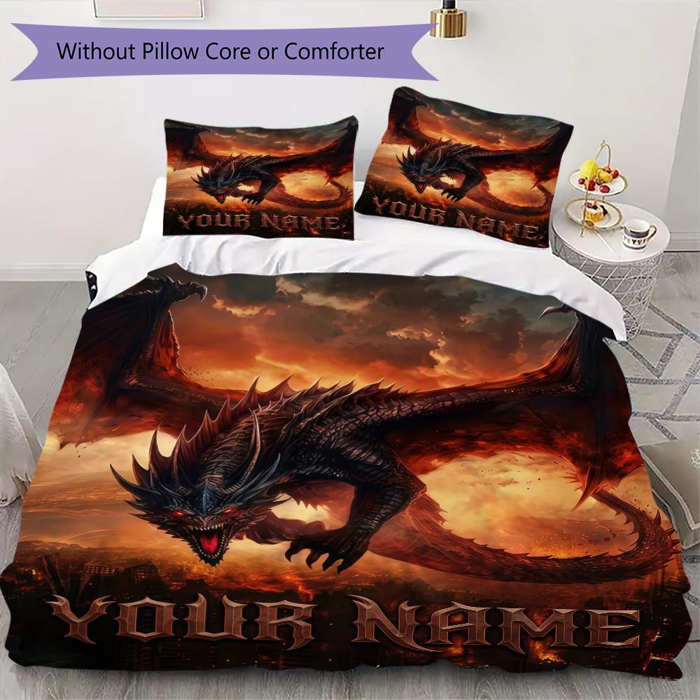 Custom Name Dragon Castle Burn Bedding,Quilt Set Quilt Cover Pillowcase Home Birthday Gift(1 * Duvet Cover + 2 * Pillowcase, Without Core)_lx