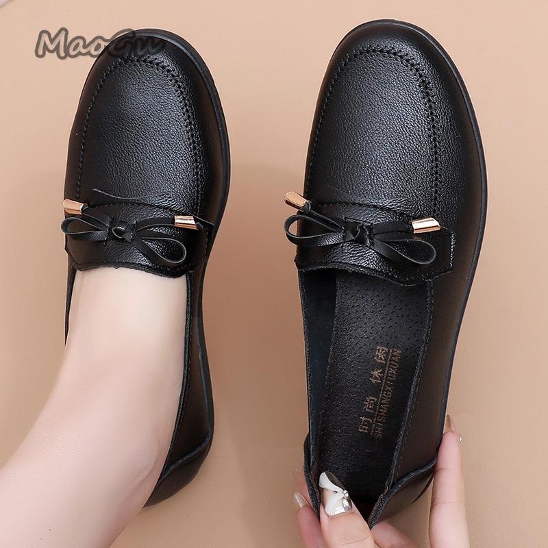 Fashion Spring Autumn Bow Mom's Flat Loafers Soft Sole PU Leather Shoes for Women Slip on Comfortable Casual Shoes Grandma Gift Loafers