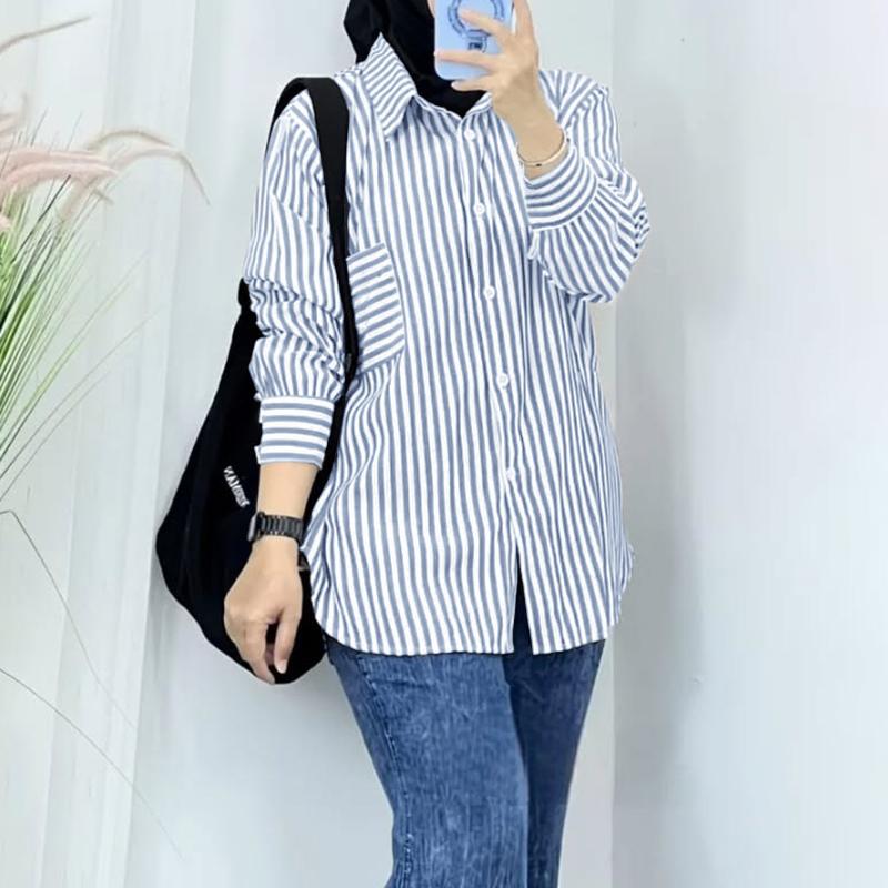 ZANZEA Women Casual Turn Down Collar Long Sleeve Stripe Blouse