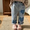 Spring Girl Baby Patch Love Jeans Retro Boy Children Pockets Casual Pants Loose Kid Cotton Trousers Toddler Denim Pants