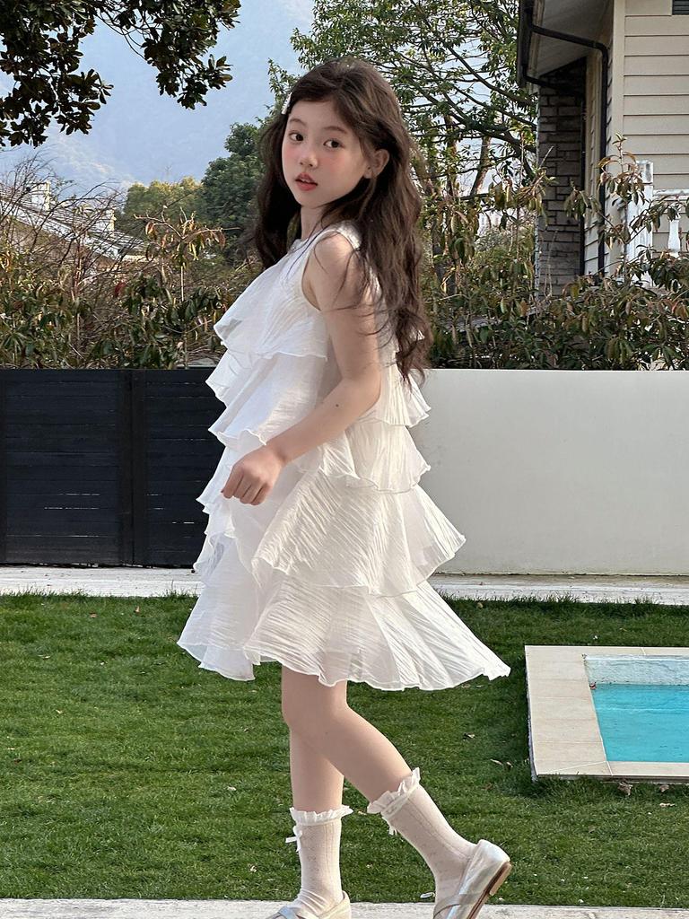 Girls' Shimmering Princess Sleeveless Ruffle Dress - 2026 Summer Holiday New Arrivals for Middle and Older Children