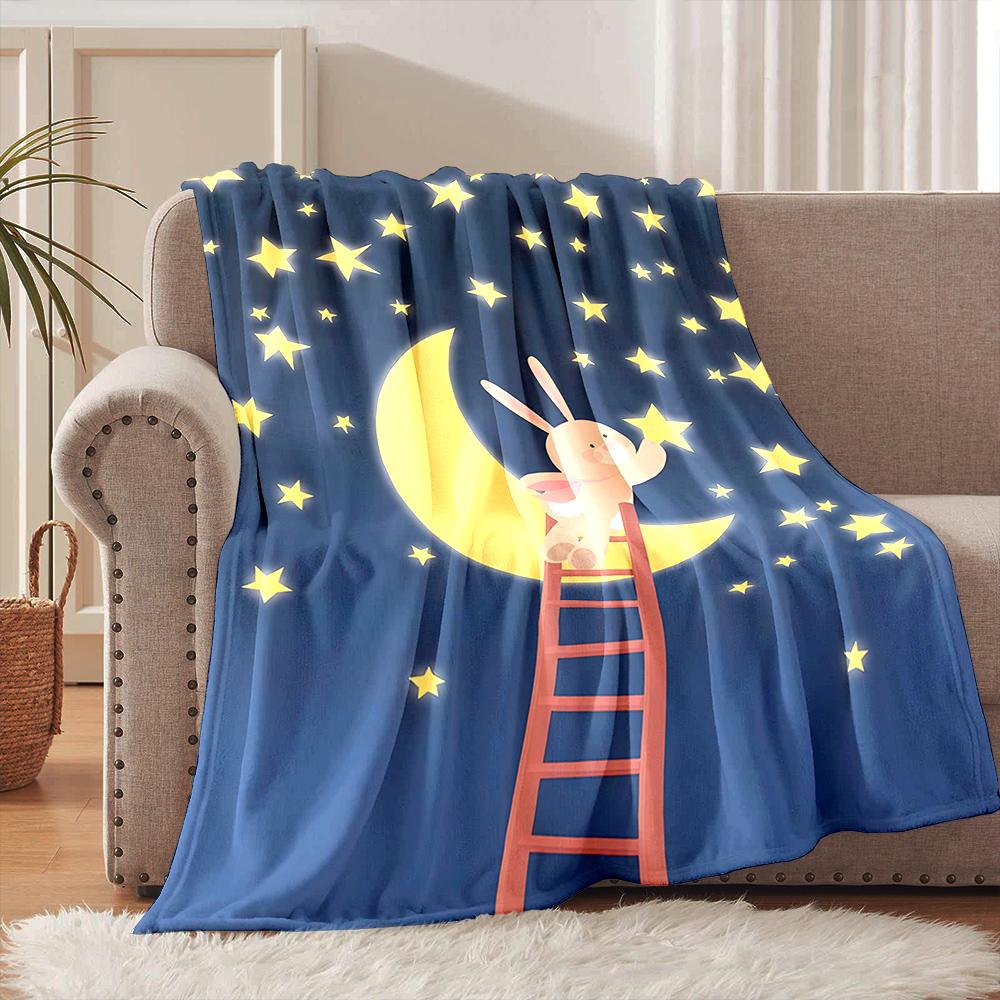 1Pc Bunny On Ladder By Crescent Moon Print Blanket Warm Soft Fluffy Kids And Adult Sofa Bed Throw Outdoor Travel Camping Rv