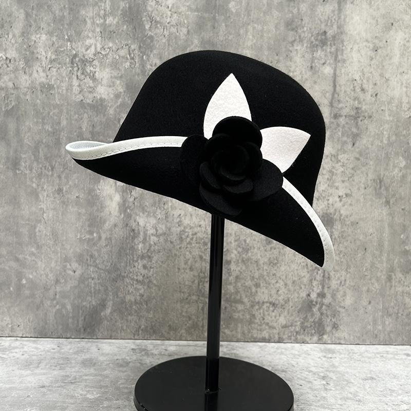 Hepburn Style Woolen Bucket Hat Female French Retro Elegant Camellia Pot Hat Contrasting Color Edge Versatile Top Hat
