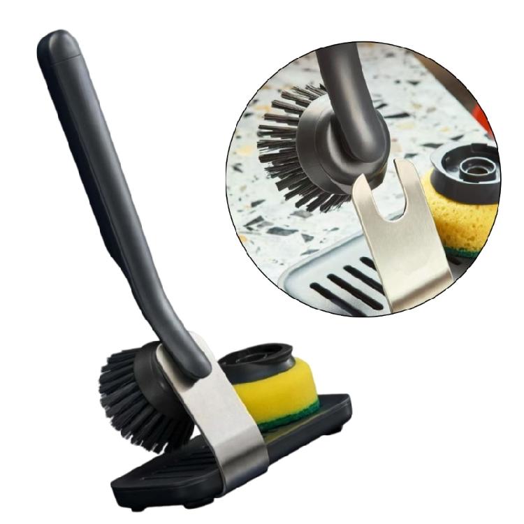 Handheld Dish Brush with Press-to-Dispense Soap Delivery, Flexible Pad, Fiber Brush Attachment, and Standing Base for Kitchen Cleaning