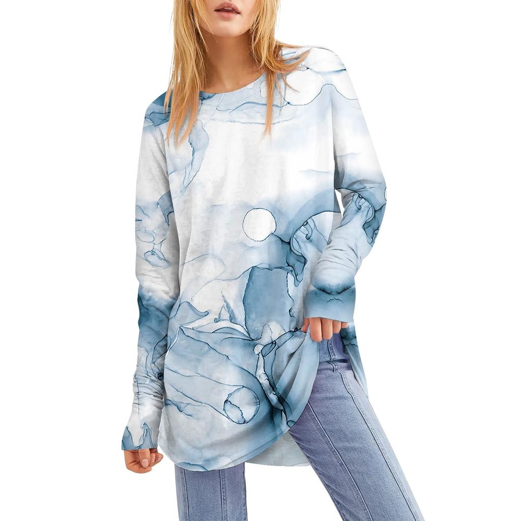 Damen T-Shirt mit Rundhalsausschnitt, bedruckt, langärmelig, mittellang, undichte Daumen