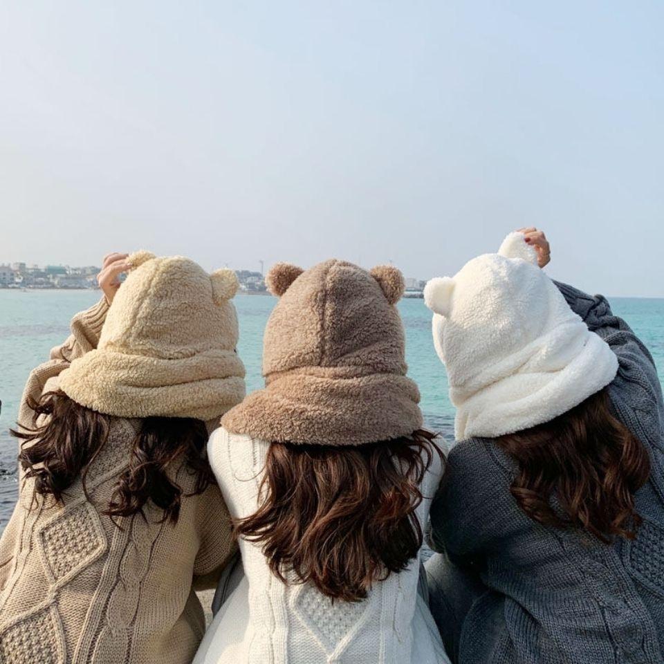 Bear Scarf with Integrated Women's Gloves and Ear Protection Hat, Cute Women's Hat Three-Piece Set, Thickened and Warm, Double-Layered for Cold