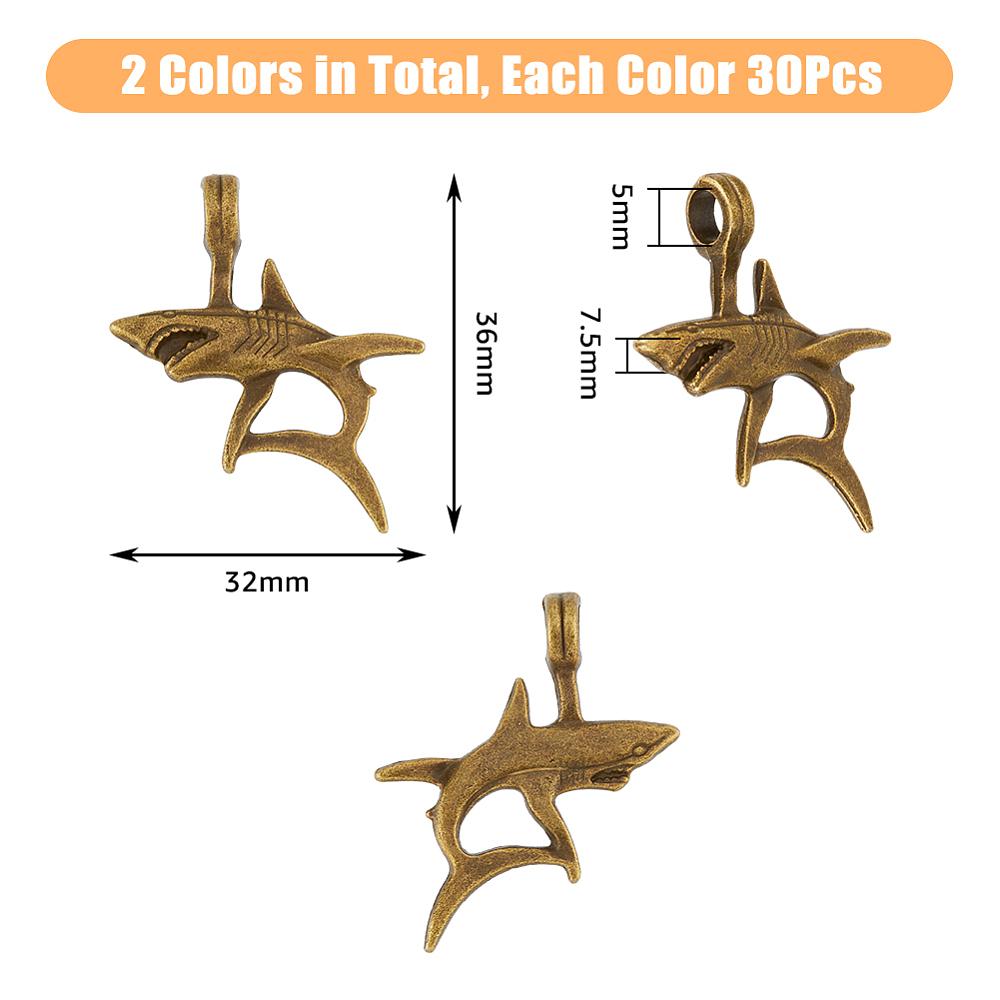60Pcs 2 Colors Tibetan Style Alloy Pendants Shark Antique Bronze & Antique Silver 36x32x7.5mm Hole: 5mm 30pcs/color