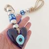 Handmade Heart Shaped Blue Evil Eye Pendant Turkish Blue Glass Ornament with Silver Beads Unique Home Decor Bag Car And Wall Decoration