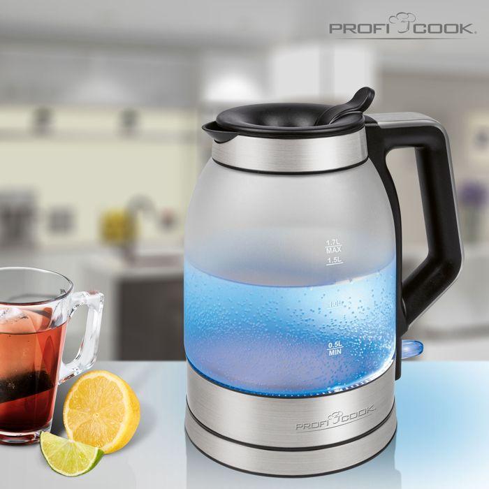 Bouilloire Électrique, Verre de 1,7 Litre, Récipient sans BPA, sans Fil, Éclairé Proficook WKS 1215G 2200W Argent 501215
