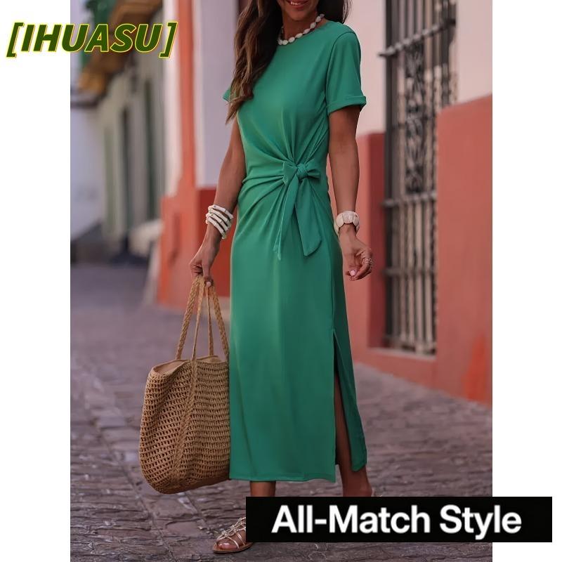 IHUASU Women's Fashion Summer Spring Solid Color Print O-Neck Short Sleeve Casual Dresses