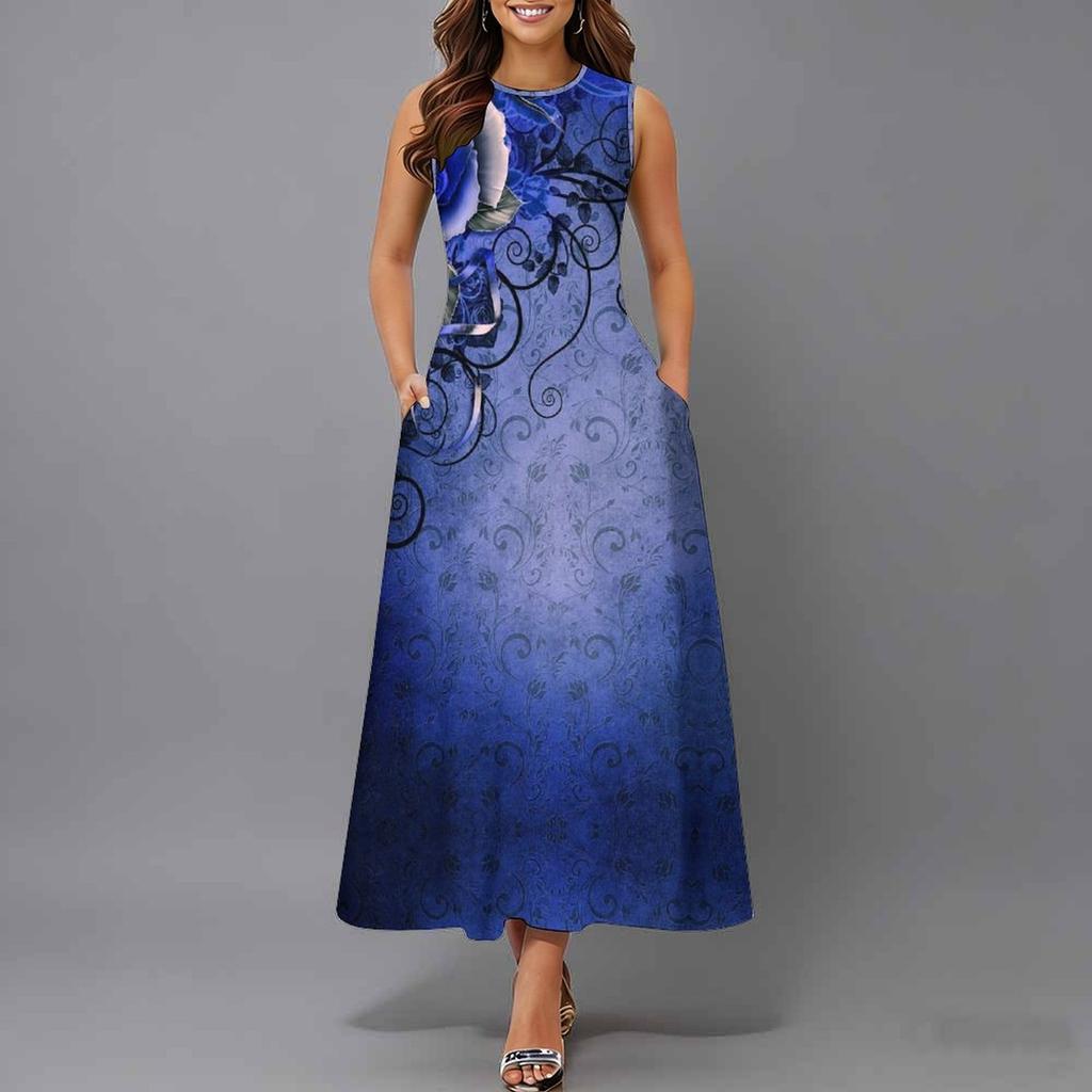 Oversized Ladies Sleeveless Round Neck Dress Soft Mixed Floral Printed Flowy Midi Gown