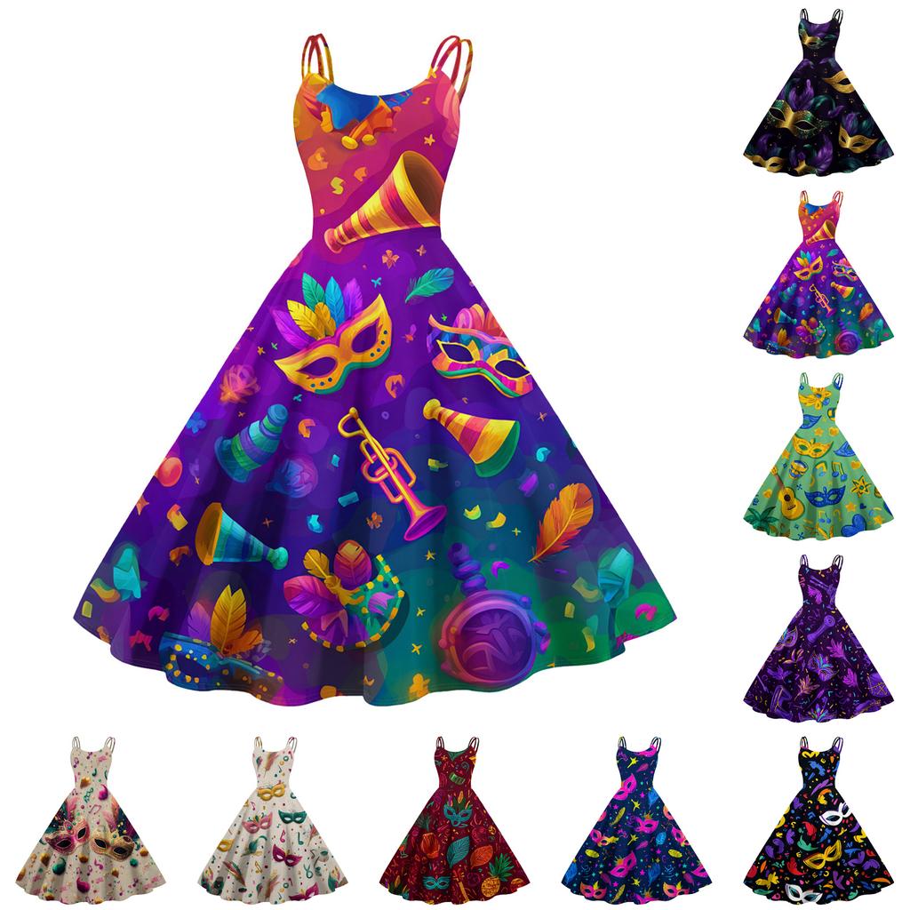 Damen Freizeitmode Karneval Bedrucktes Rundhals Retro Kleid