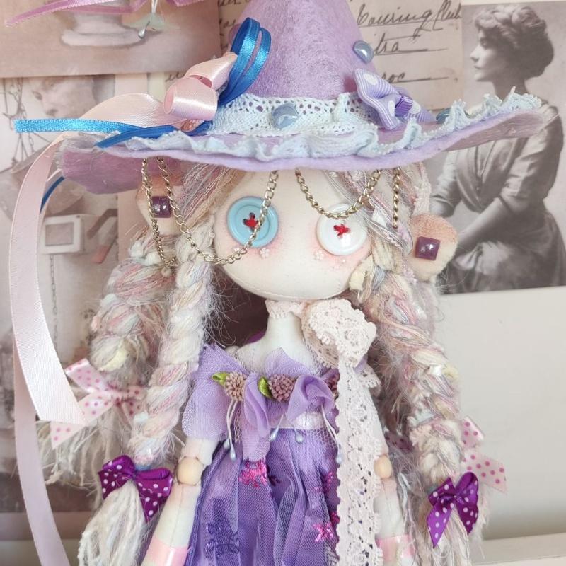 

Purple Witch Button Doll Ghost Mom Handmade Cute With Headdress Dress Braided Hair Button Eyes Gift For Girls Kids