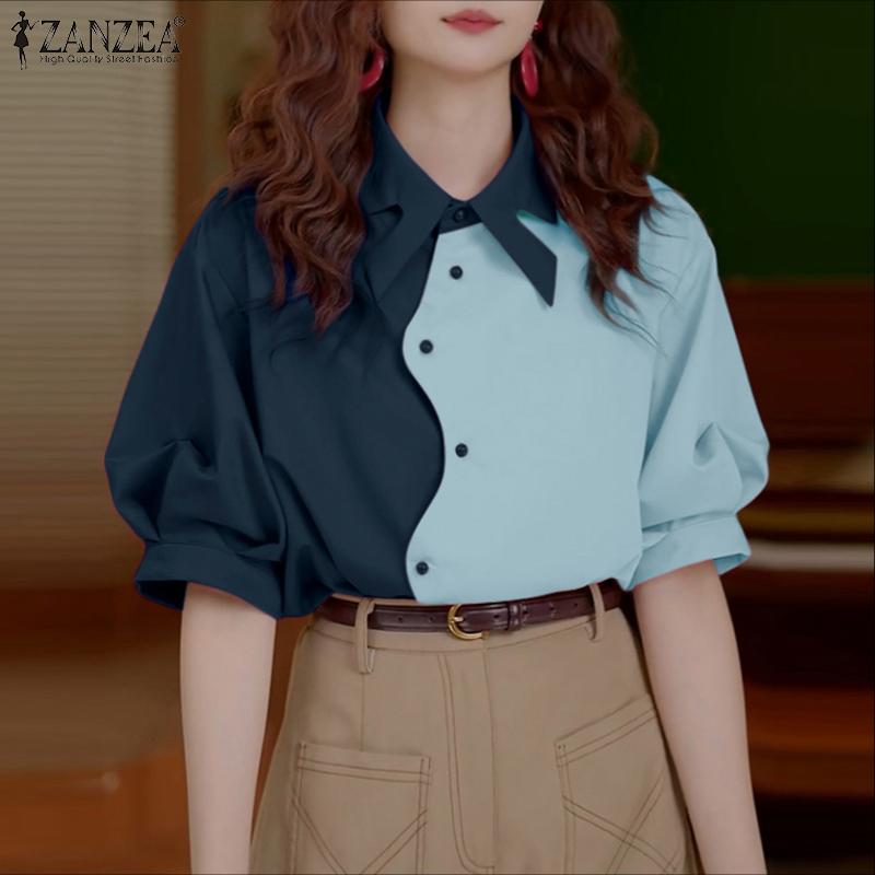 ZANZEA Women Casual Turn Down Collar Loose Summer Short Sleeve Blouse