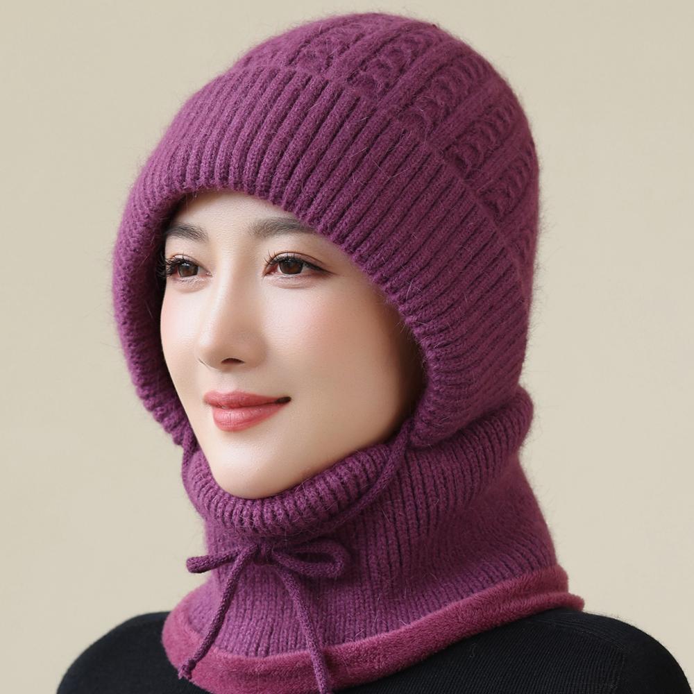 New Style Winter Women Keep Warm Knitted Hat Neck Protection Beanie Cap Fur Lined Warm Hats For Women Windproof Balaclava Cap