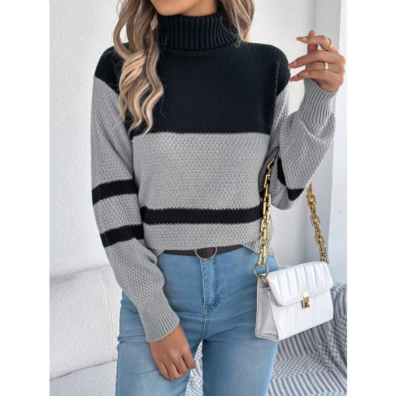 Women S Casual Striped Color Block High Neck Long Sleeve Sweater