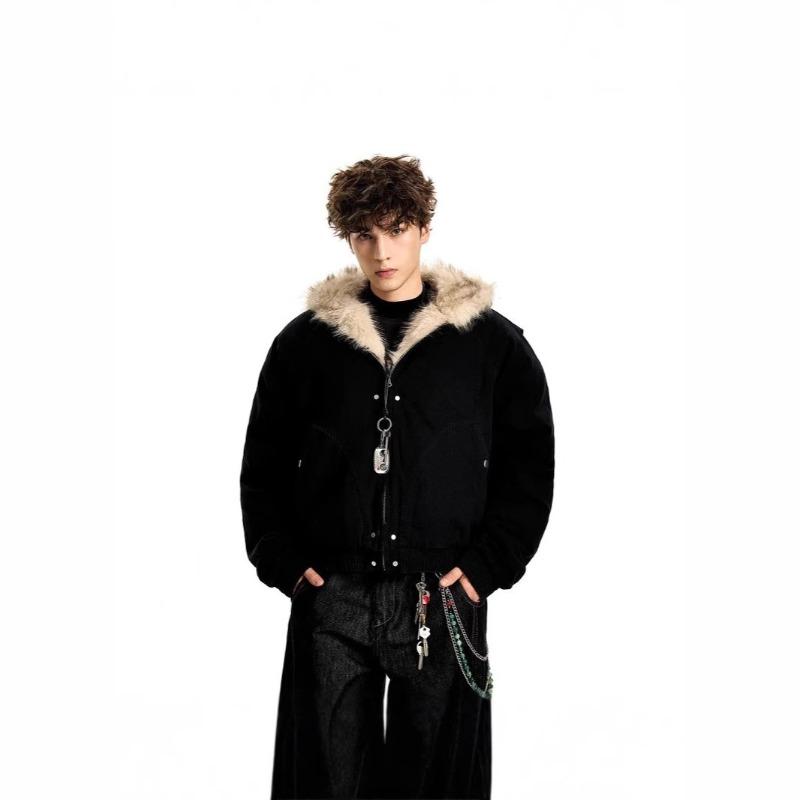 Autumn and Winter New Mountain Carving Fur Collar Plush Thickened Cotton Jacket Men's and Women's Winter Tooling Couple's Coat