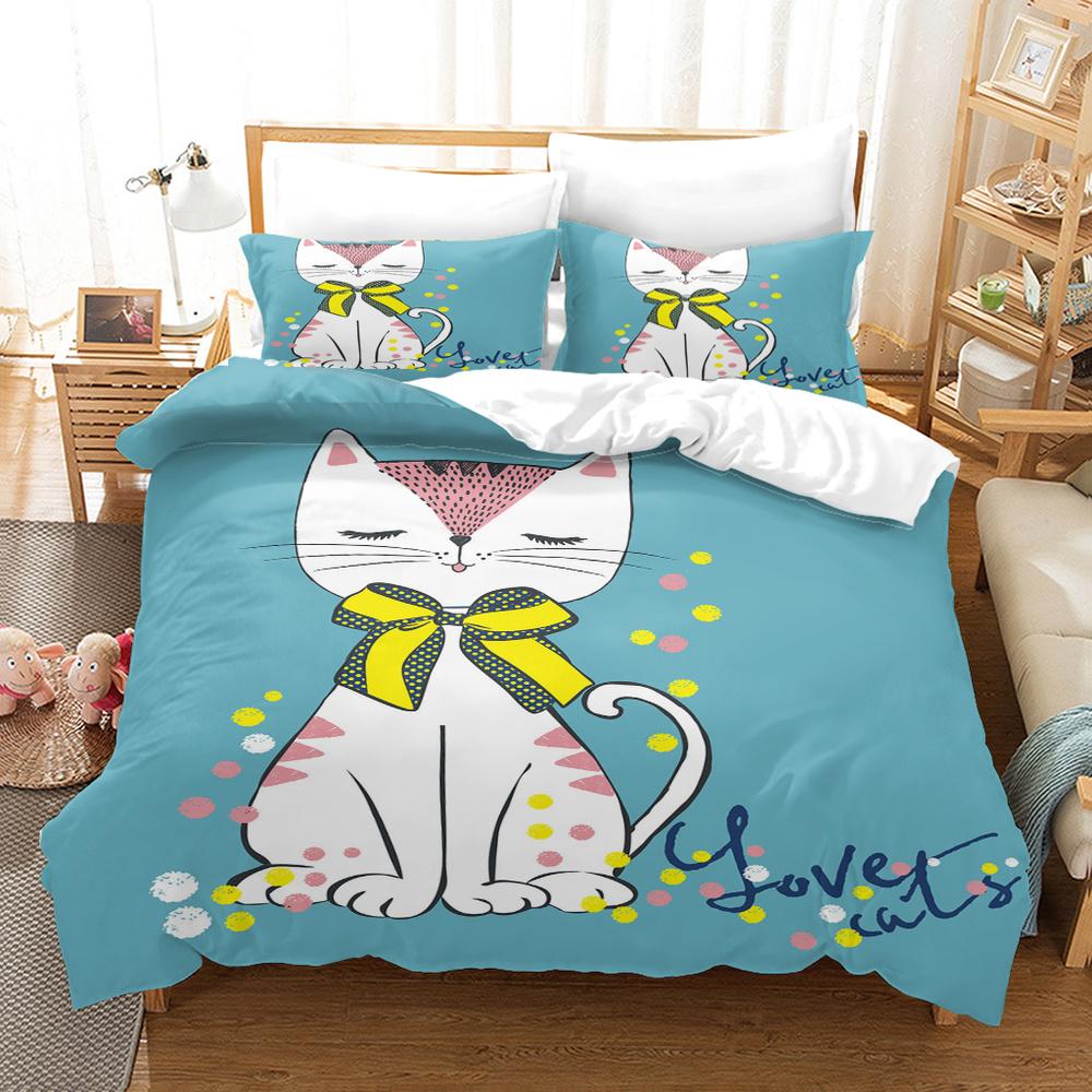 Cartoon Cat King Full Queen Duvet Cover Lovely Pet Kitty Bedding Set Animal Quilt Cover 2/3pcs Purple Polyester Comforter Cover