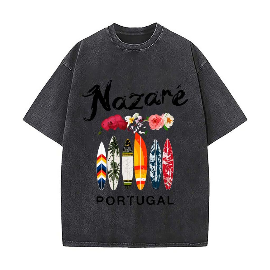 Nazare Portugal Floral Surfboards Beach Graphic Washed Distressed Loose Streetwear Tops for City Walks