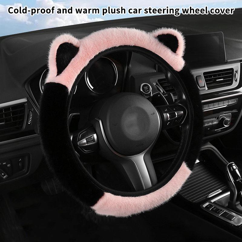 Winter Plüsch Patchwork Auto Lenkradbezug mit niedlichen Hasenohren, Ohne inneres Gummiband, Universeller Griffbezug