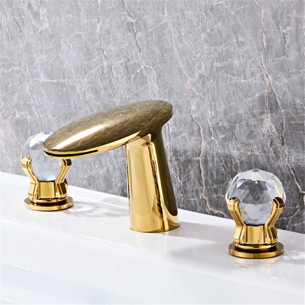 

Смеситель для ванной из латуни и кристаллов, матовый золотой, широко распространенный смеситель для раковины, смеситель из розового золота, роскошный смеситель для раковины, смеситель для горячей и холодной воды золотой