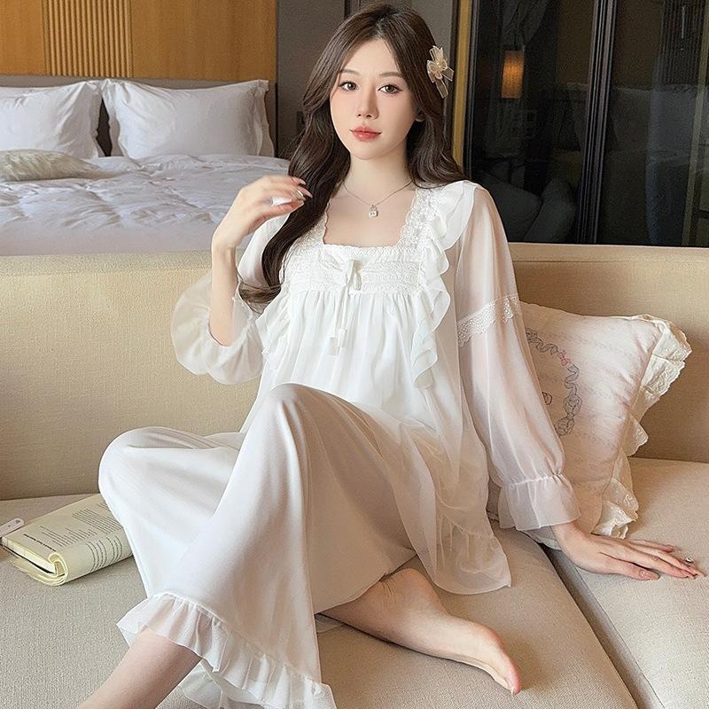 Ling Lei Chunqiu Solid Color Square Neck Lace Lace Sweet Loose Princess Wind Mesh Pajamas Set Loungewear