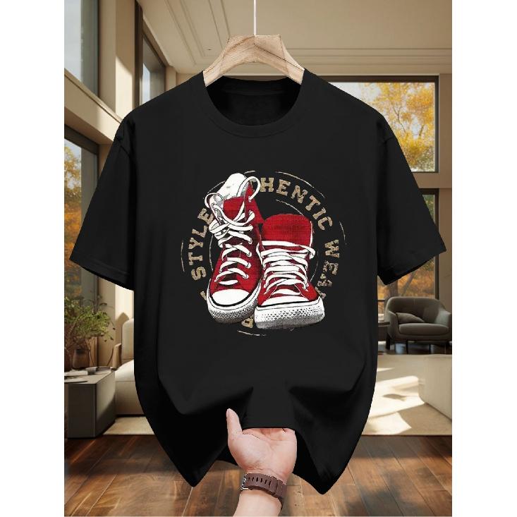 Men's Heavyweight 100% T-Shirt with Black/Red/White Sneaker Graphic - Breathable Round Neck Short Sleeve Casual Shirt for Skateboarding, Streetwear &