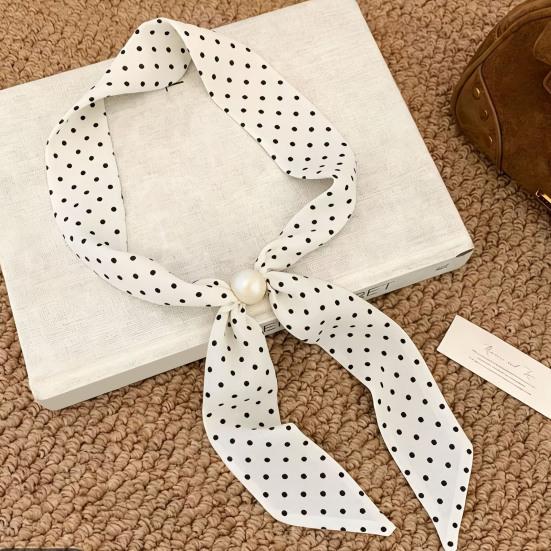 Women Scarf Imitation Pearl Buckle One-Piece Design Scarf Lightweight Chiffon Satin French Retro Black White Dot Neck Collar
