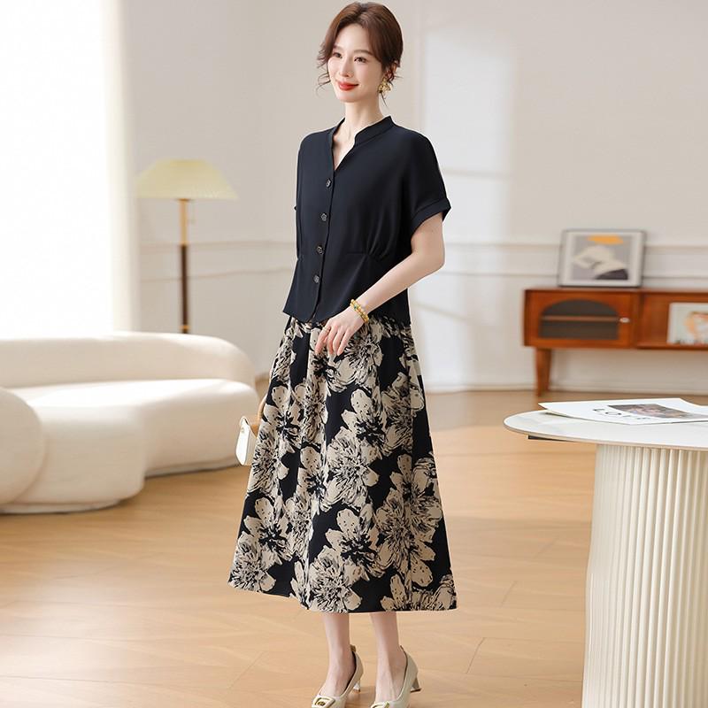 2026 Summer Fashion for Moms: Elegant Short-Sleeve Top and Skirt Set for Mid-Aged and Elderly Women 4XL чёрный