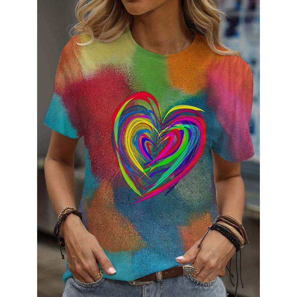 Multicolor floral printed T-shirt, casual street style, high-end top women's clothing, short-sleeve T-shirt for 2025.