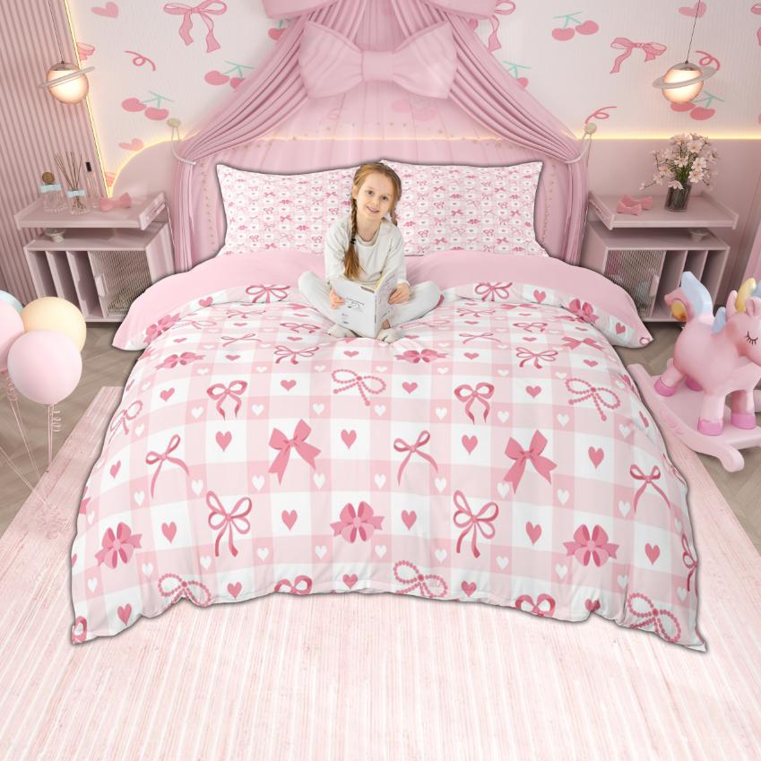 Homewish Set Copripiumino con Fiocco per Bambine Set Biancheria da Letto con Fiocco e Nastro da Principessa Set Copripiumino a Quadri con Fiocco