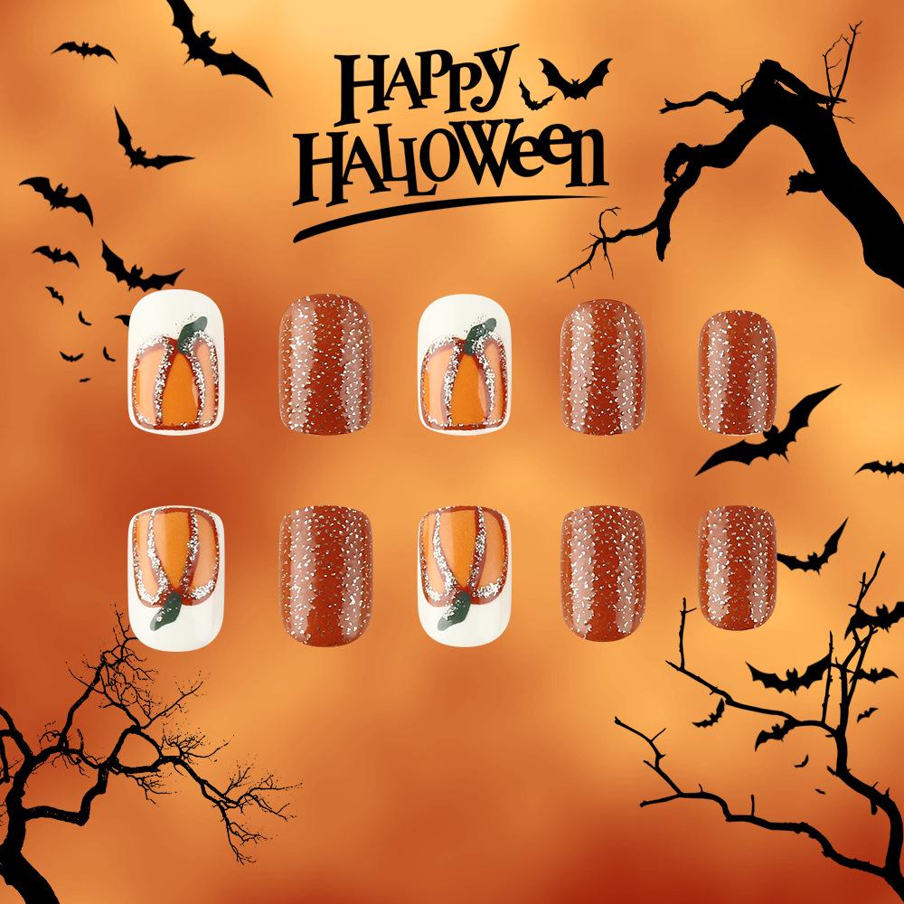 24-Piece Halloween Pumpkin Glitter Short Square Nails - Wearable, Simple Whitening Manicure, Removable