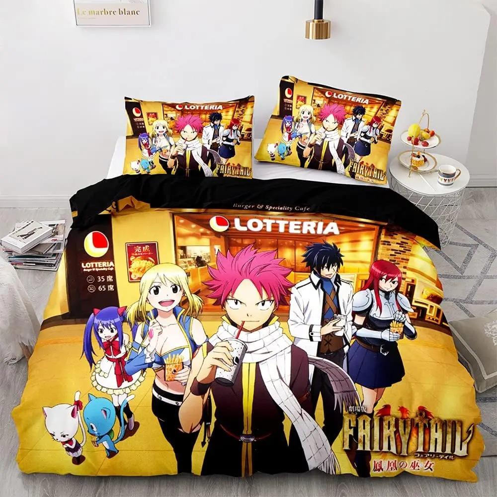 Neues Anime Fairy Tail Schwarzes Bettwäsche-Set 3D-Druck Geeignet für Schlafzimmer Bettbezug-Set Mit Kissenbezügen Kinder Heimtextilien