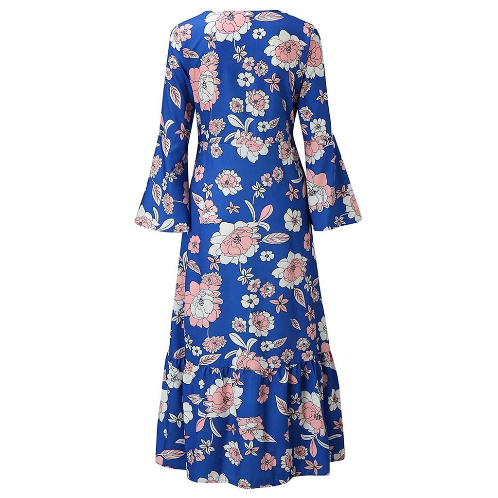 Women's Fashion V-neck Long-Sleeved Print Oversized Strappy Long Dresses