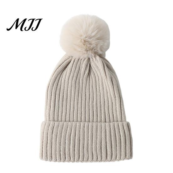 Warm Knitted Hats Winter Hat with Fluffy Fur Ball, Thick Cuffed Cap, Elastic Soft Outdoor Travel Headgear Stretchy Fabric Solid Color for And