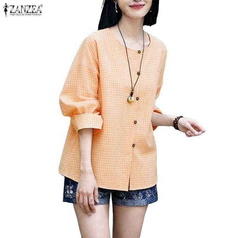 ZANZEA Women Casual Round Neck Long Sleeve Plaid Print Blouse