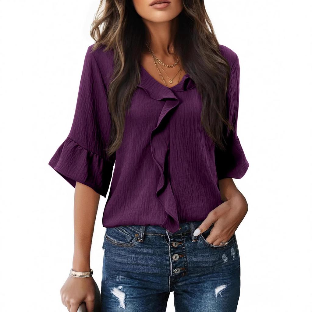 Women's V Neck Ruffle Blouse 3/4 Bell Sleeve Casual Solid Loose Fit Tunic Top
