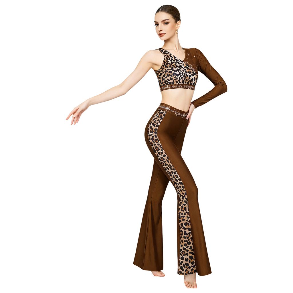 Leopard Print Rhinestone One Shoulder Crop Top and Flared Pants Set for Women Latin Jazz Dance Competition Stage Show