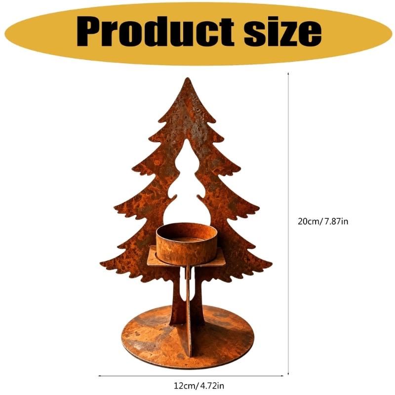 Christmas Candle Holders with Metal Tree Outline and Round Base, Aged Brown Seasonal Accent for Dining Tables, Entryway Displays, and Shelves