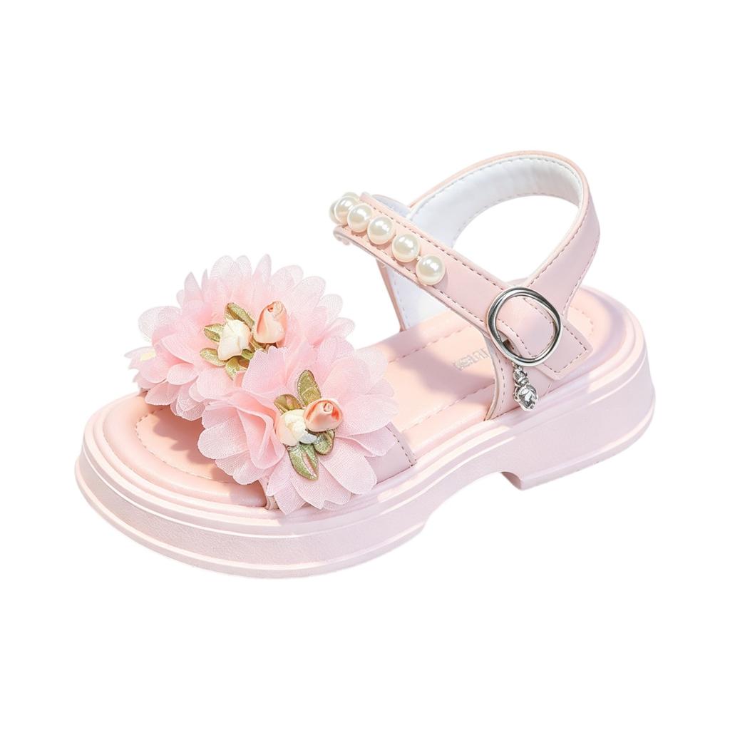 Girls Soft Sole Sandals Adjustable Buckle Strap Flower Decoration Princess Style Lightweight Toddler Summer Footwear